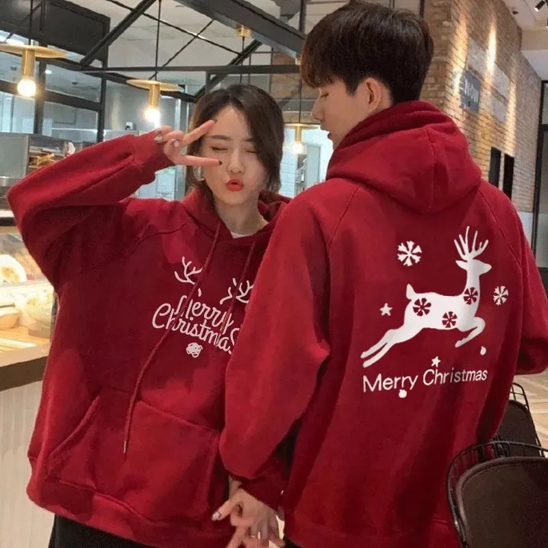 

Christmas Couple Dress Sweater Wine Red Hooded Sweater Friendly Dress Party Christmas Eve Gift High Sense