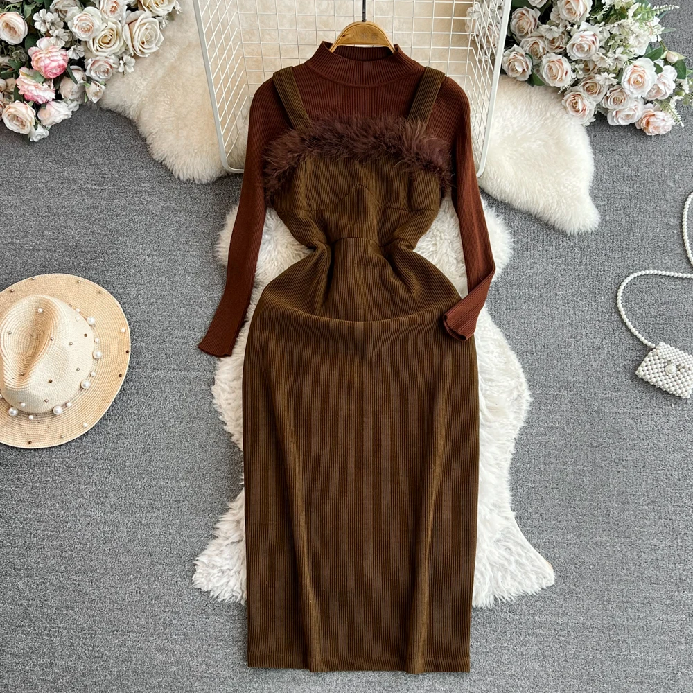 

Foamlina Autumn Winter Women 2 Pieces Set Stand Collar Long Sleeve Sweater and Faux Fur Spliced Corduroy Suspender Dress Suits