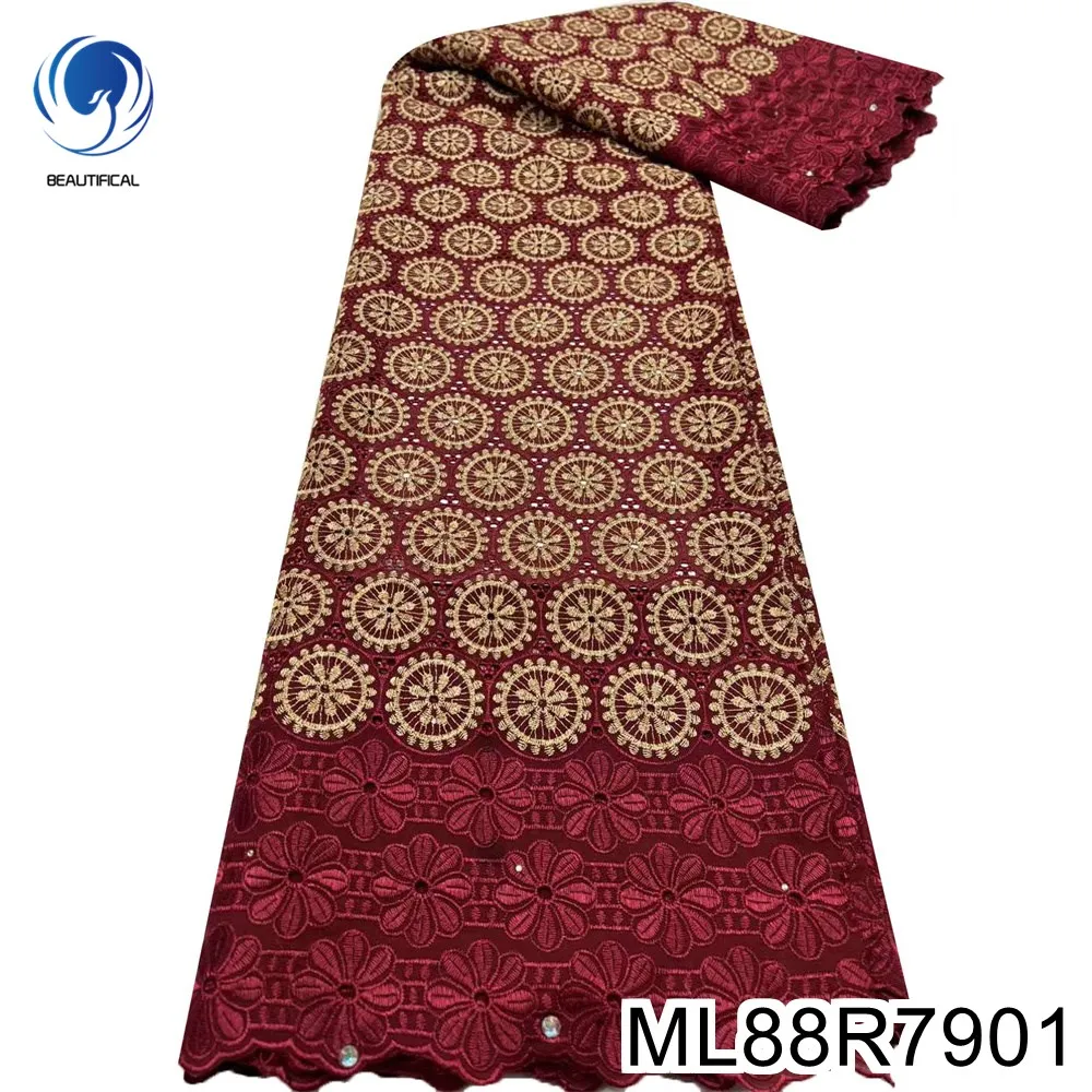 

Nigerian Swiss Voile Lace for Party Dress, African Cotton Punching, Simple Embroidered Flowers Fabric, Wine Red, ML88R79