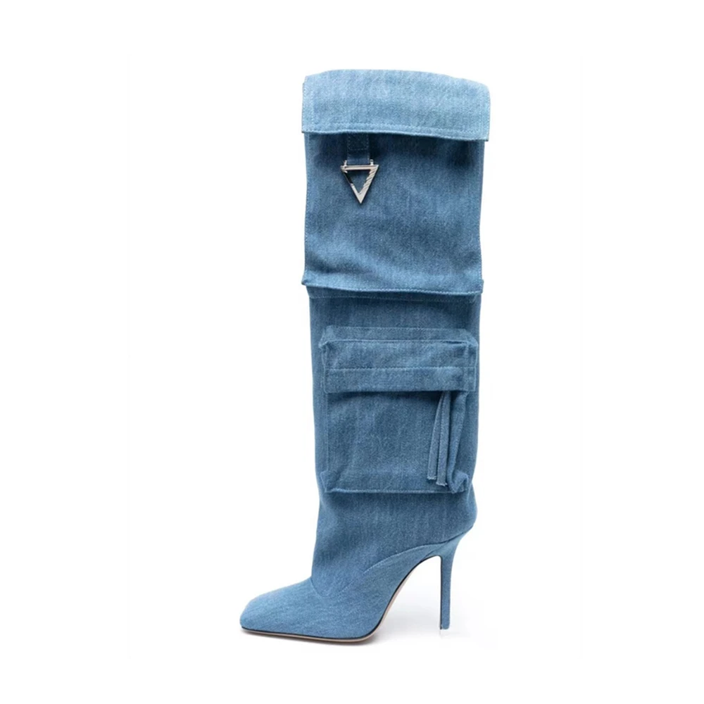 Women Denim Pointed Toe Stiletto Fashion Pocket Knee High Boots Pocket High Heeled Shoes Ladies Metal Decoration Long Boots
Women Denim Pointed Toe Stiletto Fashion Pocket Knee High Boots Pocket High Heeled Shoes Ladies Metal Decoration Long Boots