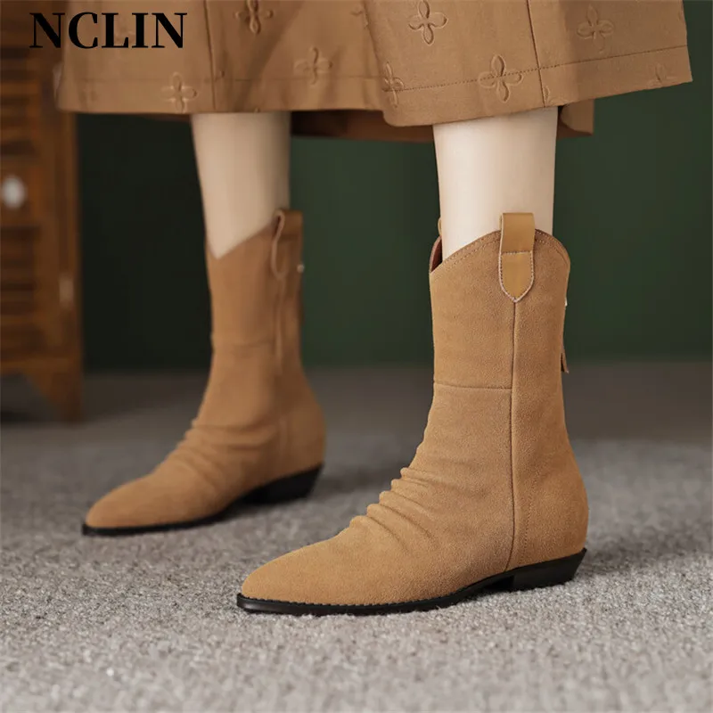 

Женские ботинки с острым носком, замшевые ботинки из коровьей кожи, на низком каблуке, в западном стиле, Осень-зима 2024