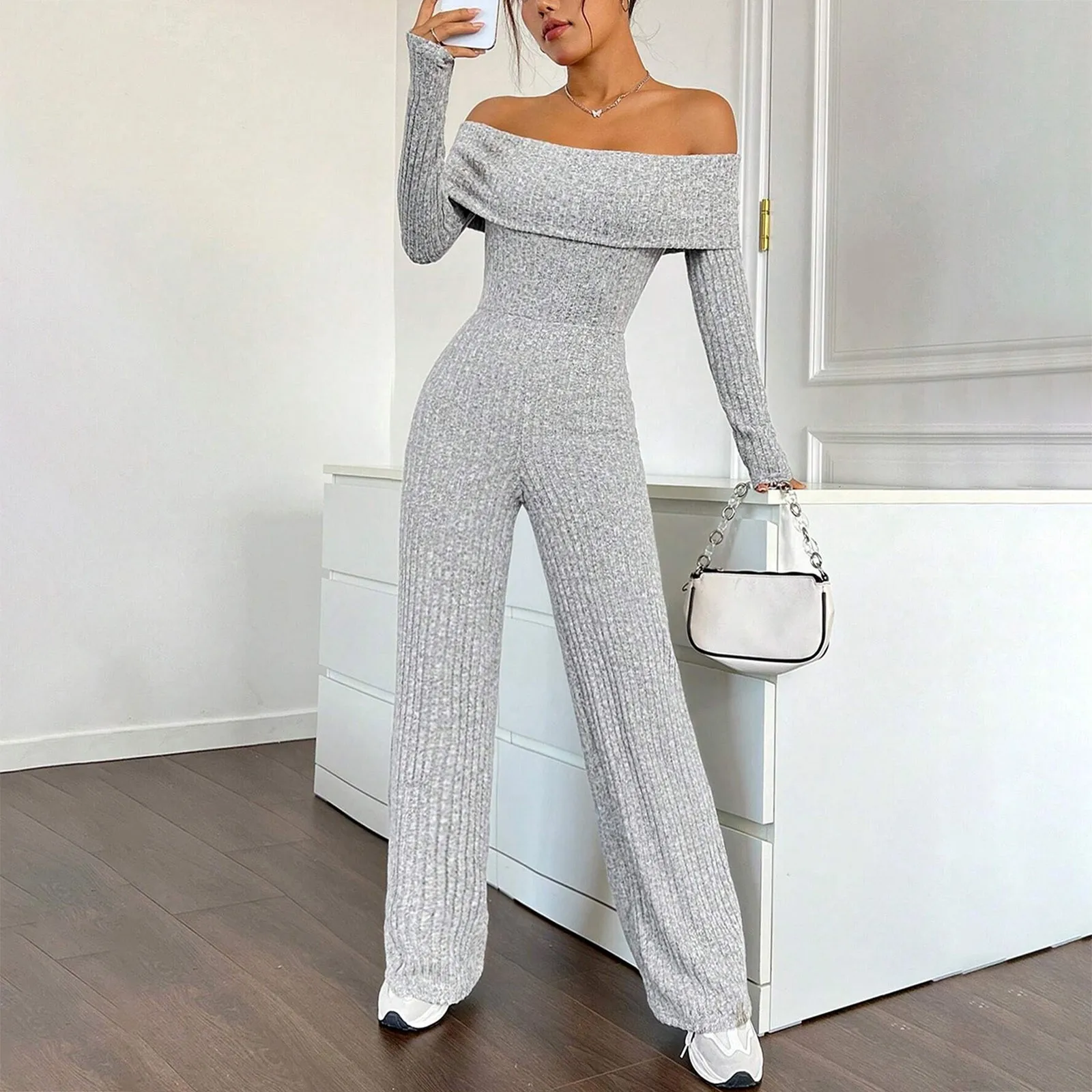 Women's Ribbed-knit Jumpsuit Fashion Casual Solid Folded Off-the-shoulder Jumpsuit Slim Fit Top Loose Wide Leg Bottom Jumpsuit
Women's Ribbed-knit Jumpsuit Fashion Casual Solid Folded Off-the-shoulder Jumpsuit Slim Fit Top Loose Wide Leg Bottom Jumpsuit