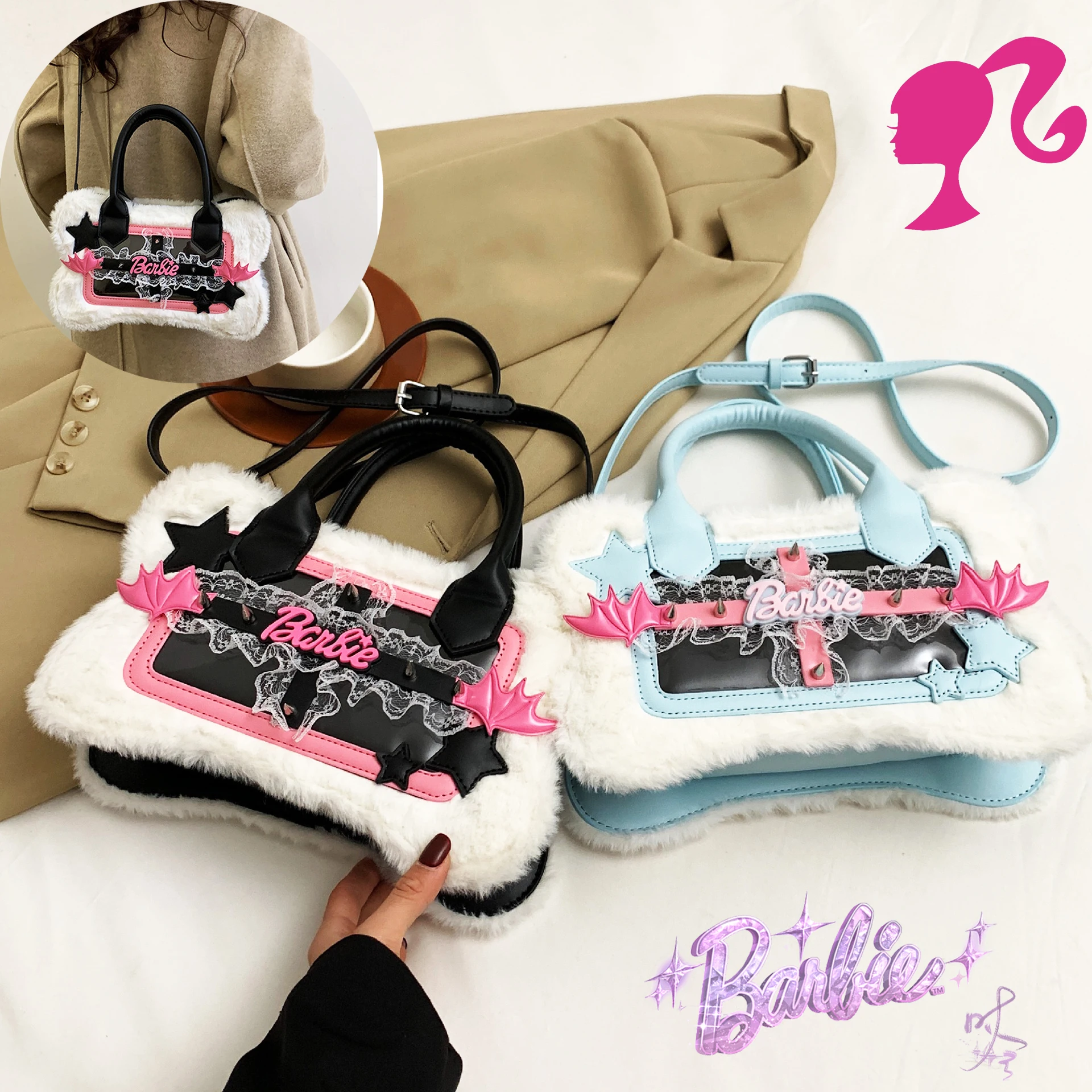

Barbie Plush Bags Kawaii Lolita Style Delicate Handbag Trendy Movie Decoration Stylish Crossbody Lovely Cute Girls Gift Birthday