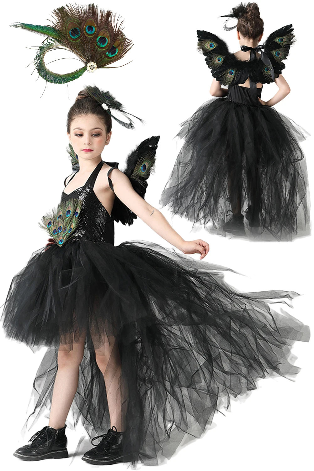 

Kids Peacock Cosplay Little Girls Black Tutu Dress Wings Dance Costume Disguise Children Roleplay Halloween Fantasia Outfits