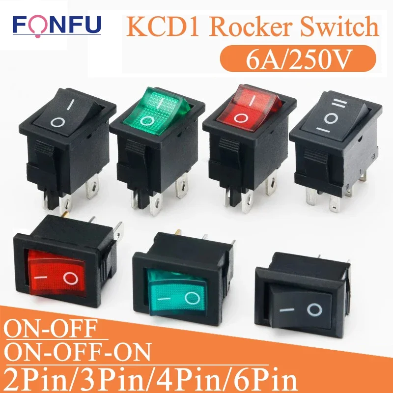 

100Pcs KCD1 2Pin Boat Car Rocker Switch 21X15mm 6A/250VAC 10A/125VAC Red Green Black Power Button Switch with Light 3Pin 4Pin