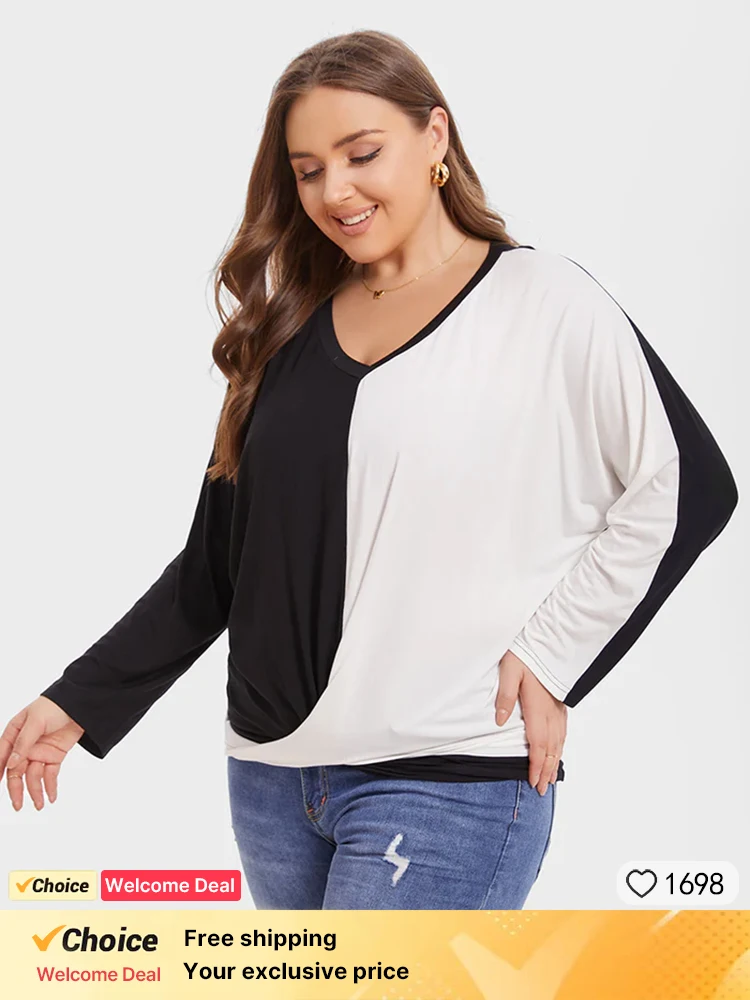 

Plus Sized Clothing Casual Long Sleeve Womens Two Tone Dolman Sleeve Ruched Loose Tees Workout T Shirts Color Block Comfy Tops