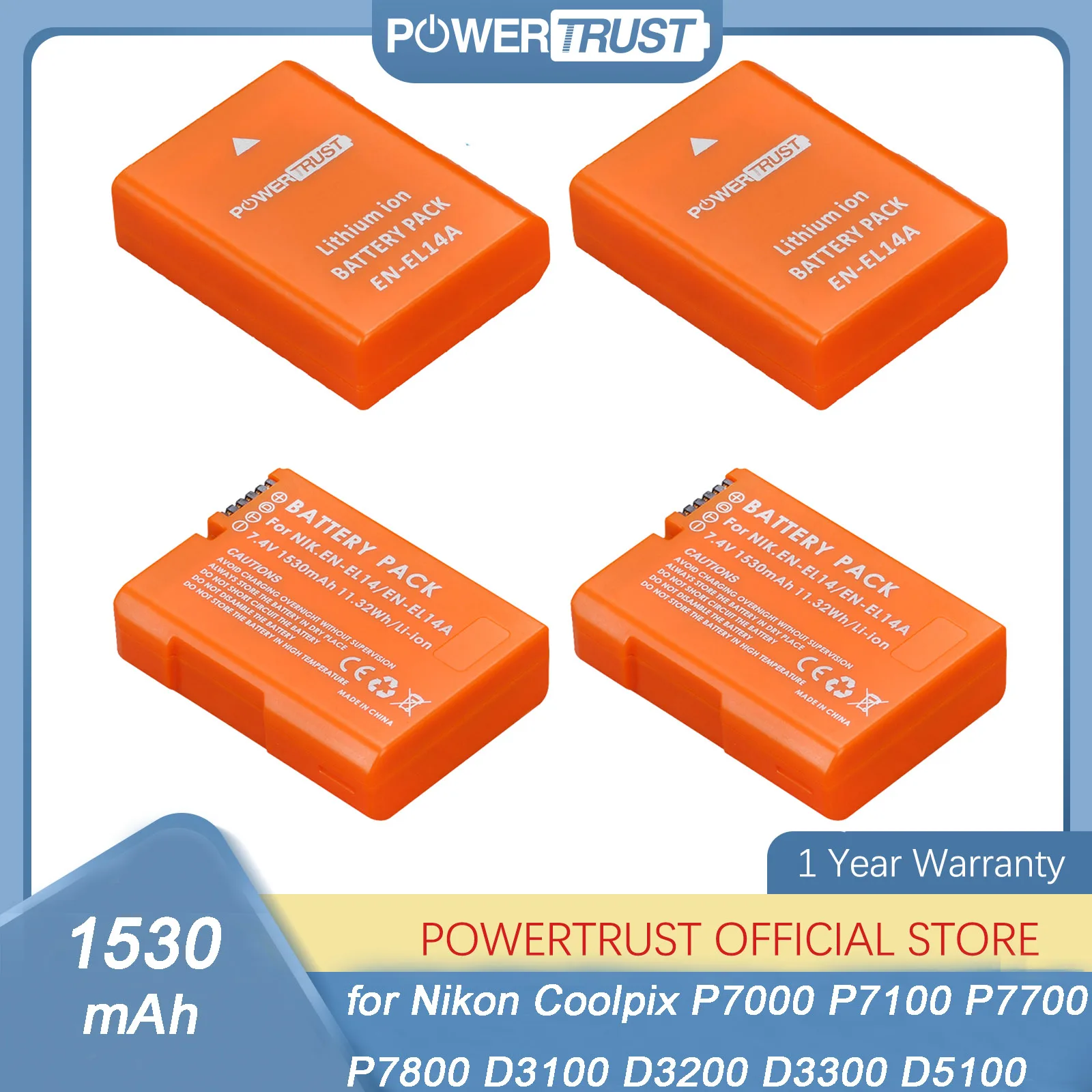 

1530mAh EN-EL14a EN-EL14 Battery for Nikon Coolpix P7000 P7100 P7700 P7800 D3100 D3200 D3300 D5100 D5200 D5300 D5500 DF Camera