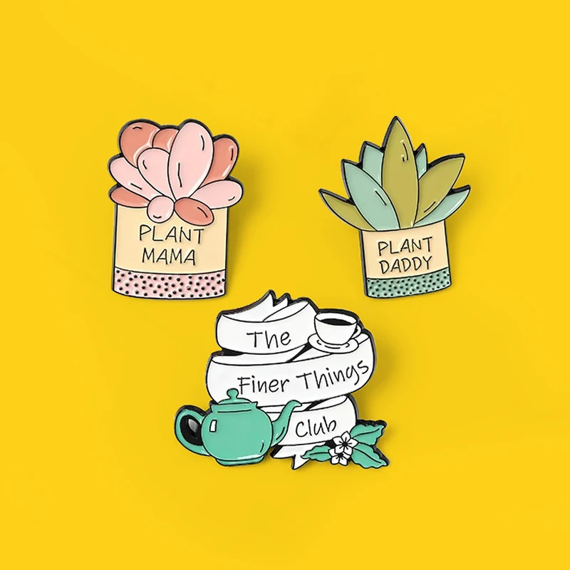 

Cute Potted plant Enamel Lapel Pins Plant MAMA/DADDY The finer things club Brooches Badges Pin Gifts for Book Lover Wholesale