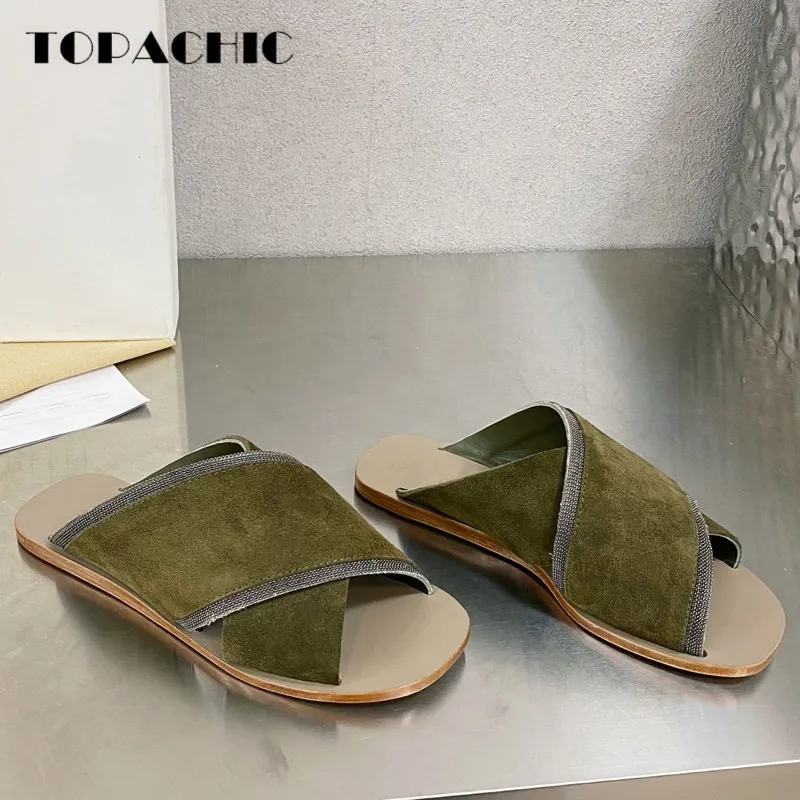 9.22 TOPACHIC Concise Fashion Criss-Cross Chain Cow Suede Flat Sole Slippers Women's
9.22 TOPACHIC Concise Fashion Criss-Cross Chain Cow Suede Flat Sole Slippers Women's