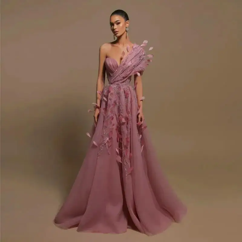 

2024 Couture Mauve Prom Gown Formal Party Dresses with Feathers Beading One Shoulder Elegant Dress Women for Wedding Party Gowns