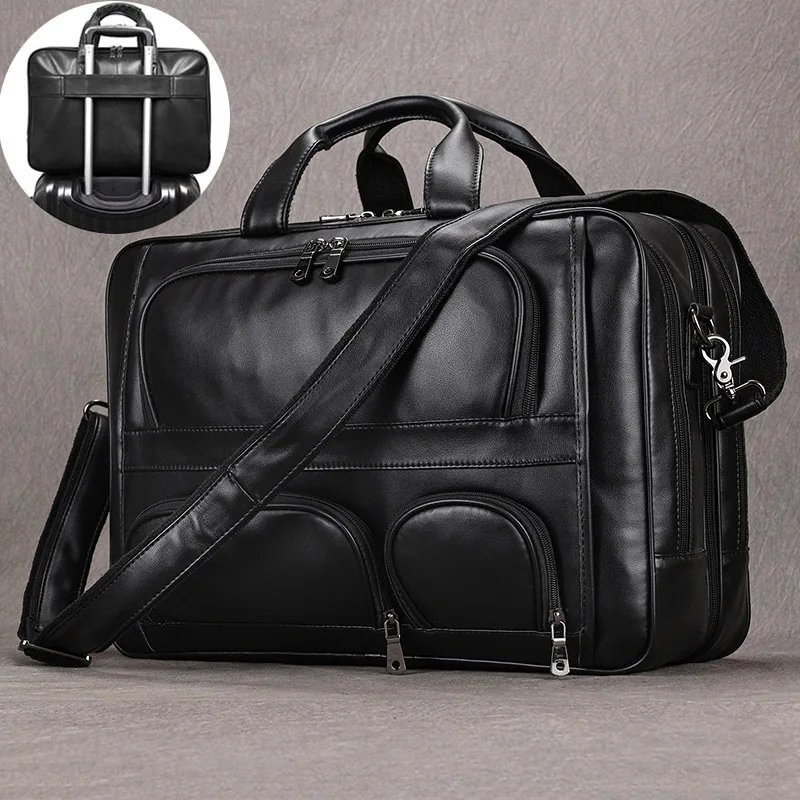 

Genuine Leather Men's Business Briefcase Fit 17" Laptop Handbag Soft Cowhide Male Big Office Shoulder Bag Tote Black