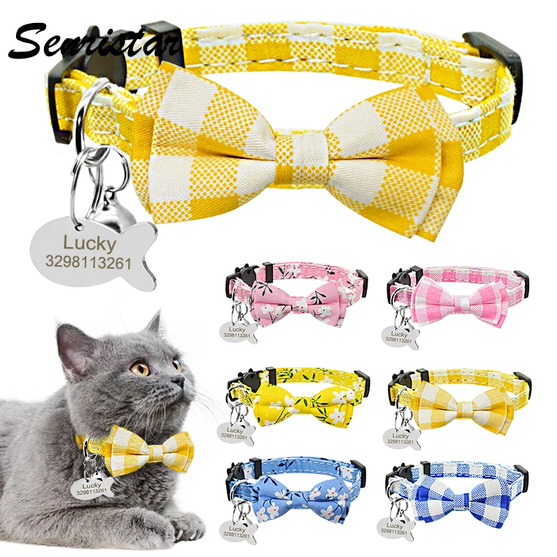 

Flower Bowknot Cat Collar Personalized ID Name Fish Tag Cute Grid Bowtie Cat Collar Bell Necklace Custom Nameplate Cat Collar