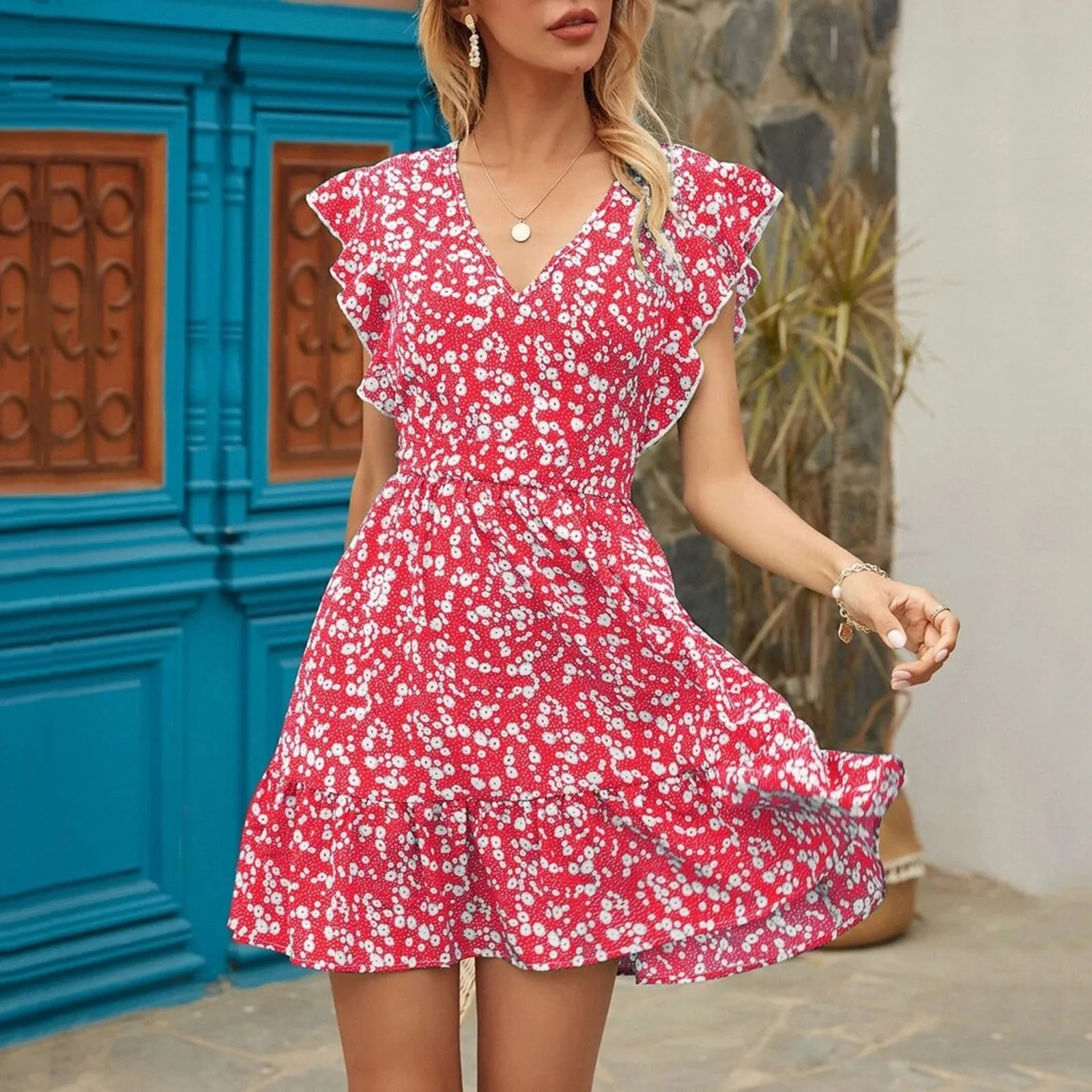 2023 Women's Summer Casual Floral Mini Dress 2023 Flying Sleeve V-neck Ruffles Flowy Bohemian Dresses Short Beach Sundress
2023 Women's Summer Casual Floral Mini Dress 2023 Flying Sleeve V-neck Ruffles Flowy Bohemian Dresses Short Beach Sundress