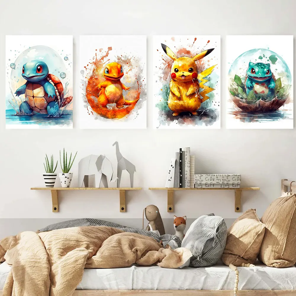 

Anime Pokémon Canvas Painting Pikachu Squirtle Charmander Poster Watercolor Art Wall Cartoon Bubble Mural Room Decoration Gifts