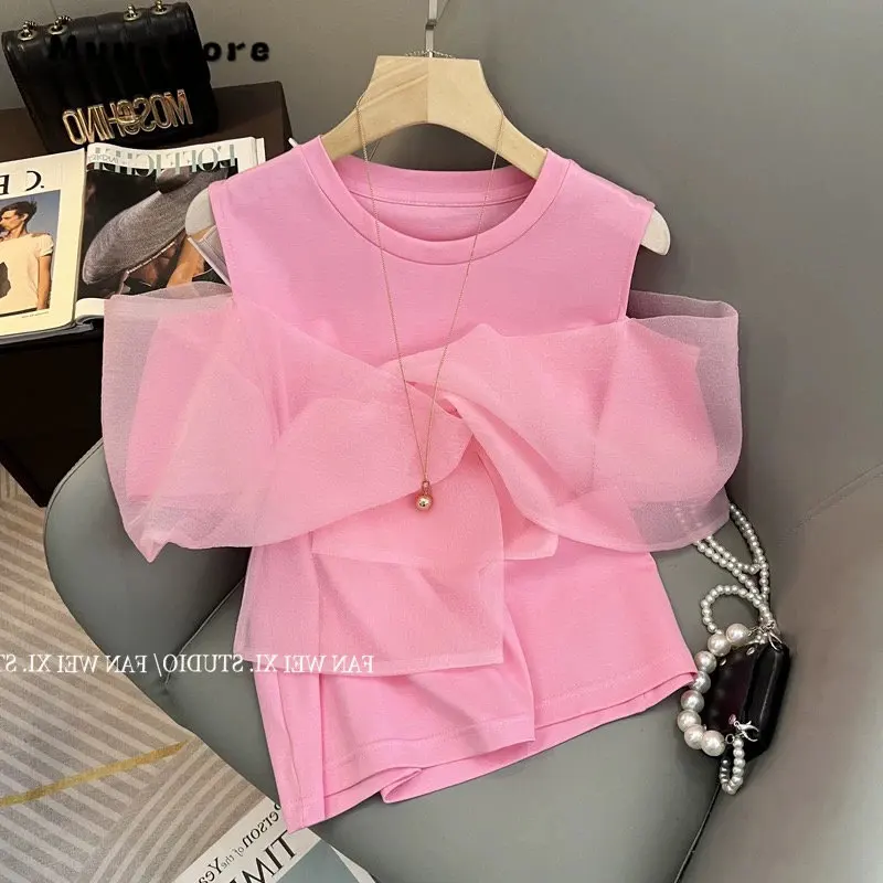 2023 Summer Korean Sweet Style Round Neck Patchwork Pink T-shirts Women's Elegant Causal Loose Fit Hollow Out Sexy Tees Top
2023 Summer Korean Sweet Style Round Neck Patchwork Pink T-shirts Women's Elegant Causal Loose Fit Hollow Out Sexy Tees Top