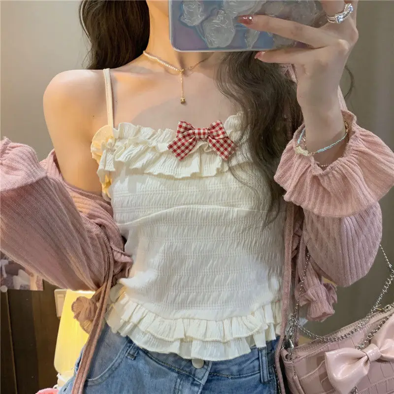 Japanese Kawaii Pink Bow Camisole Cropped Tops Women White Korean College Style Sweet Tank Tops Lolita Bow Lace Vset Female 2023
Japanese Kawaii Pink Bow Camisole Cropped Tops Women White Korean College Style Sweet Tank Tops Lolita Bow Lace Vset Female 2023