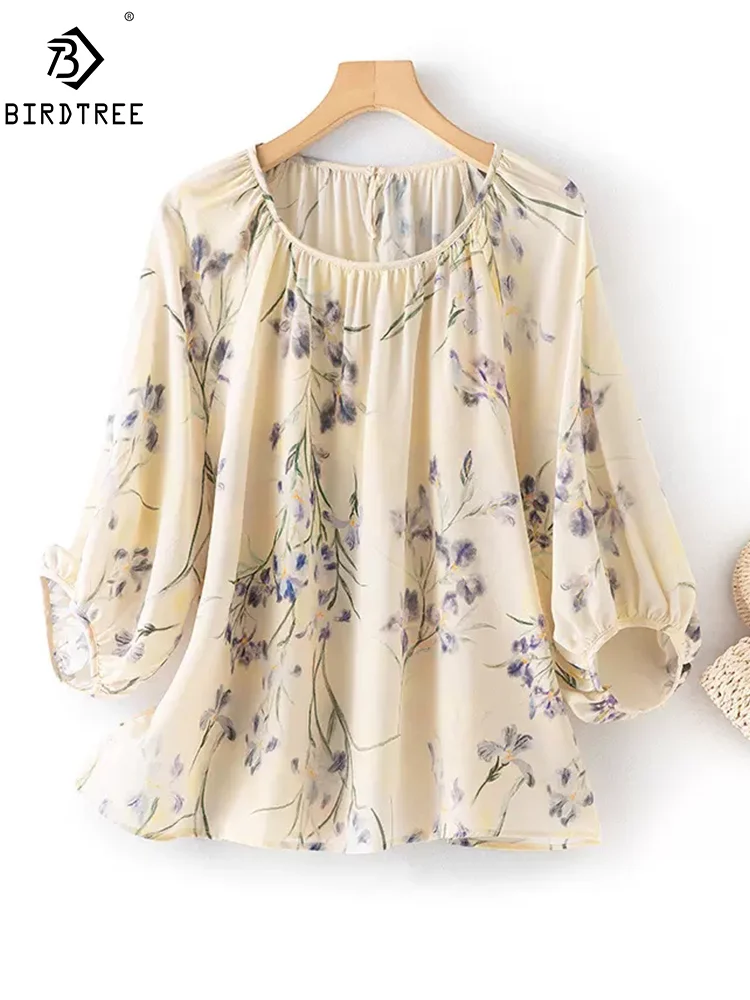 

BirdTree, 100%Real Silk Elegant T-Shirt, Women Lantern Sleeve O Neck Floral, OL Fashion Blouses, 2024 Spring Summer Top T44045QM