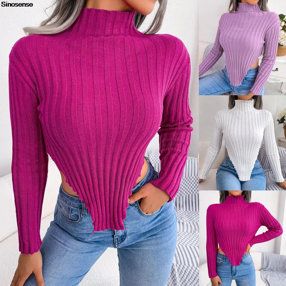 

Women's Basic Mock Neck Long Sleeve Fitted Cropped Sweater Irregular Ribbed Knitted Crop Tops Pullover Slim Fit Knit Jumper Tops