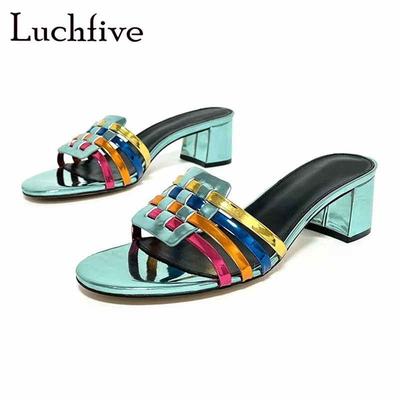 

Luchfive 2024 Summer New Leather Patchwork Chunky Heels Slippers Women Slip On Peep Toe Mules Brand Designer Sexy Party Shoes