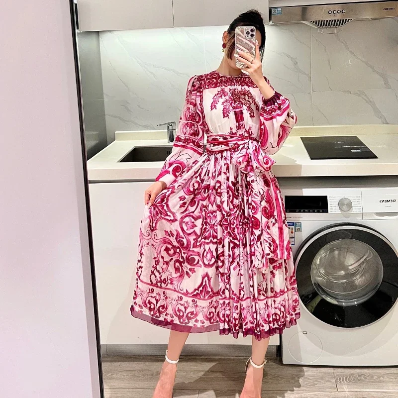 Long Sleeve Silk Position Printed Floral O-neck Pleated High Waist Lace-up Midi Dress Quality Women Clothing
Long Sleeve Silk Position Printed Floral O-neck Pleated High Waist Lace-up Midi Dress Quality Women Clothing