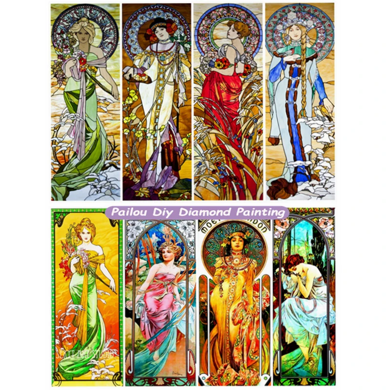 

Stained Glass Alfons Maria Mucha The Four Times Diamond Art Painting Lady Floral Rhinestone Photo Crystal Cross Stitch Decor