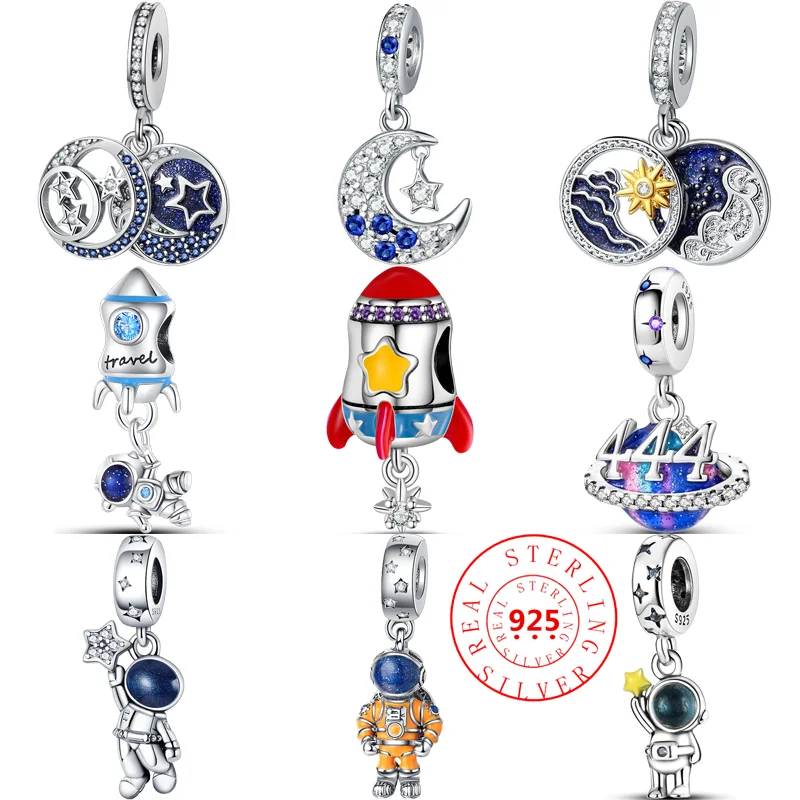 

New 925 Silver Rocket Astronaut Galaxy Stars Moon Planets Pendant Blue Zircon Beads Fit Original Pandora Charms Bracelet Jewelry