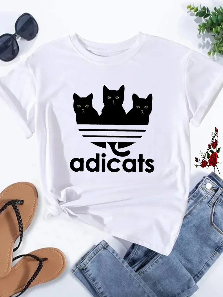 

Футболка женская с принтом забавного кота, Повседневная рубашка с коротким рукавом в стиле хип-хоп, уличная одежда с мультяшным принтом, лето