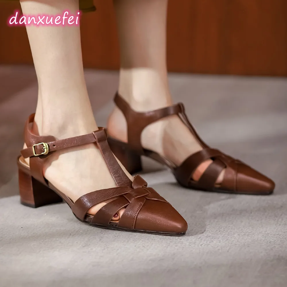 

danxuefei women's genuine leather narrow band braided t-strap sandals pointed toe 5cm thick med heel summer pumps shoes women