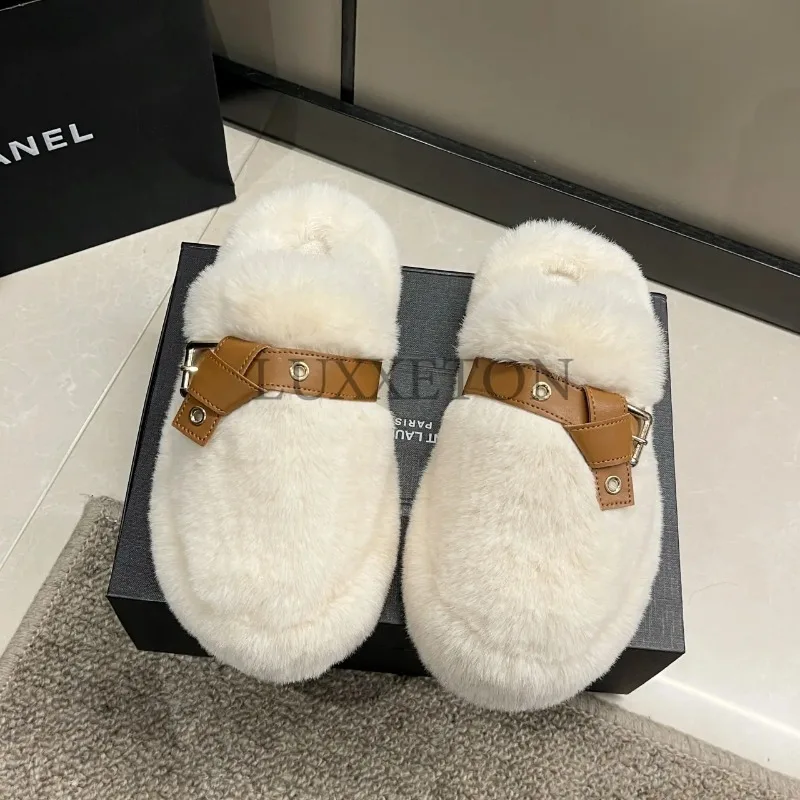 

Women's Slippers Eyelet Buckled Fluffy Winter Slippers Winter Lady Thick Bottom Shoes Thick Flat Bottom Outerwear Plush Slippers
