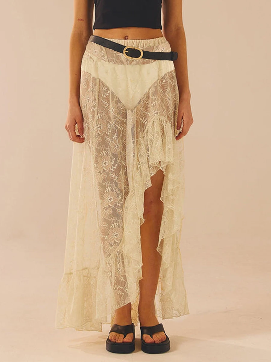 

Women s Lace See Through Long Skirts Vintage High Waist Solid Color Asymmetrical Hem Ruffle Flowy Swing Midi Skirts