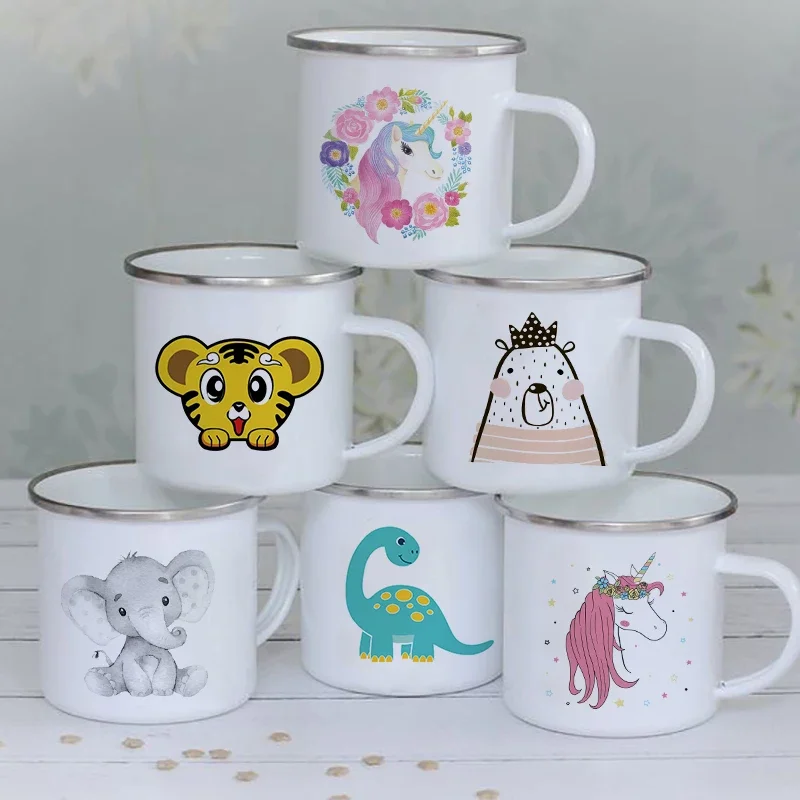

Unicorn Cartoon Animal Print Creative Enamel Water Juice Cups Drinks Breakfast Milk Cup Mugs Handle Drinkware Kid Birthday Gifts