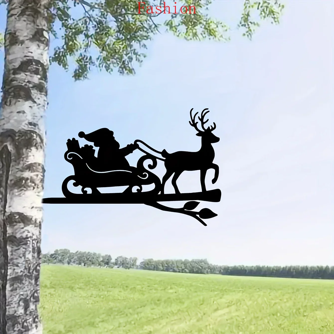 

Reindeer Santa Claus on Branch Steel Silhouette Metal Wall Decor Art Home Garden Yard Patio Outdoor Statue Stake Decoration wal