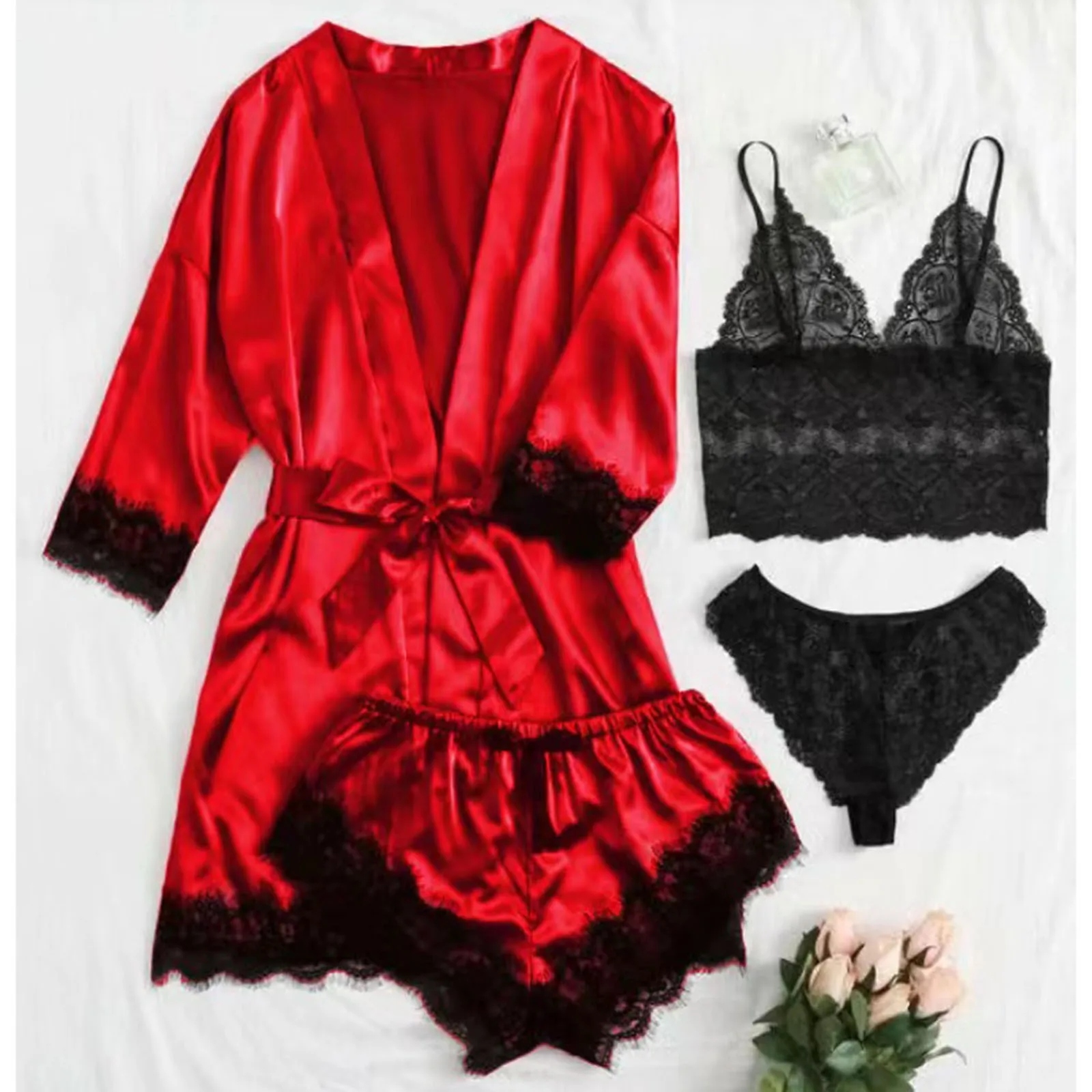 Women' Silk Satin Pajamas Set 4pcs Lingerie Floral Lace Sleepwear With Robe Women House Dresses for Elderly
Women' Silk Satin Pajamas Set 4pcs Lingerie Floral Lace Sleepwear With Robe Women House Dresses for Elderly