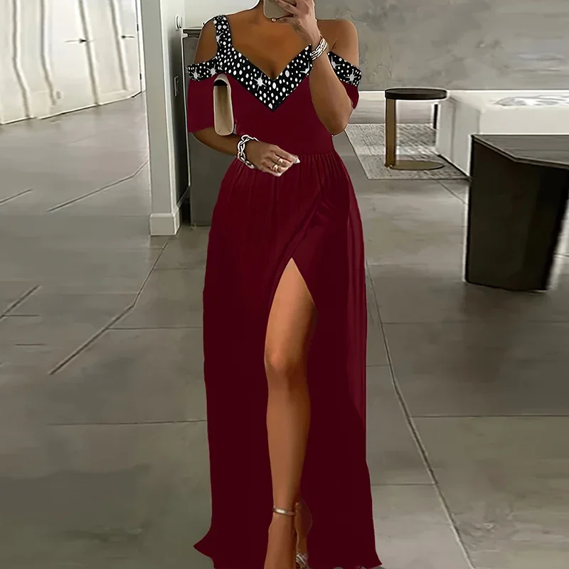 New Elegant Slim Waisted A-Line Dress Fashion Print Splicing Short Sleeve High Split Dress Spring Ladies Off Shoulder Long Dress
New Elegant Slim Waisted A-Line Dress Fashion Print Splicing Short Sleeve High Split Dress Spring Ladies Off Shoulder Long Dress