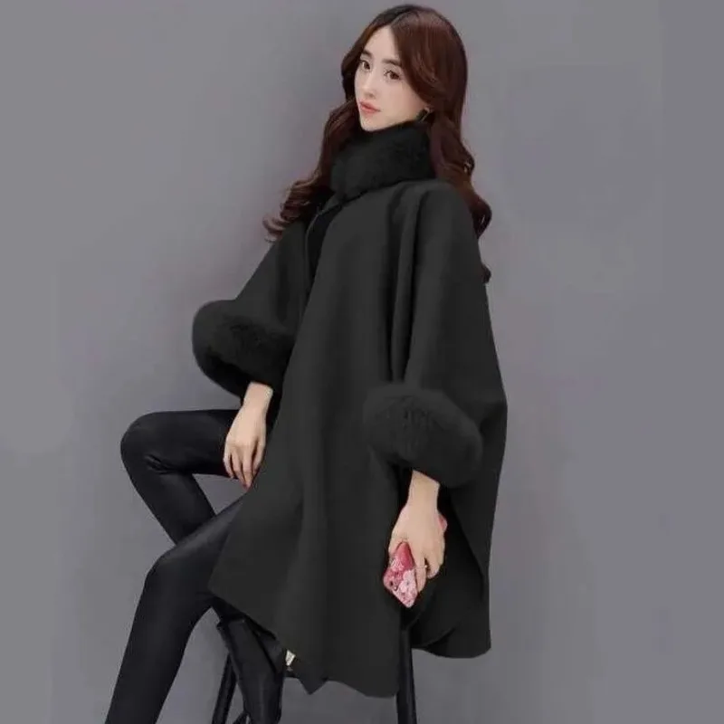 

Women's Poncho Jacket Oversized Bat Sleeve Warm Cape Overcoat Long Cloak Outwear Casual Shawl Female 2022 Winter Fake Fur Coat