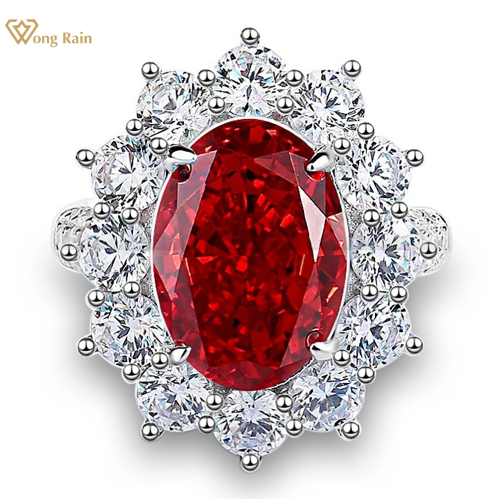 

Wong Rain 925 Sterling Silver 10*14 MM Oval Ruby Aquamarine High Carbon Diamond Gemstone Cocktail Party Ring Jewelry for Women
