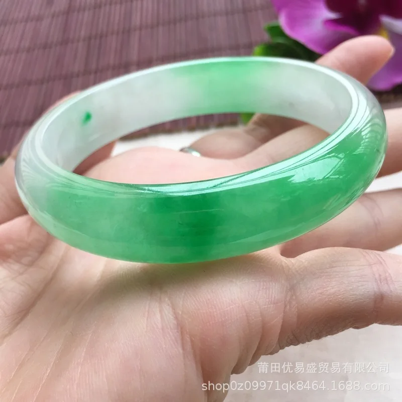 

Myanmar Jade Women's Floating Flower Royal Concubine Bracelet Light Ice Waxy Kinds White Background Green J