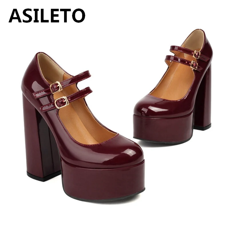 

ASILETO 2024 New Mary Janes Women Pumps Shoes 14cm Thick Block Heel 5cm Platform Patent Leather Two Buckles Big Size 41 43
