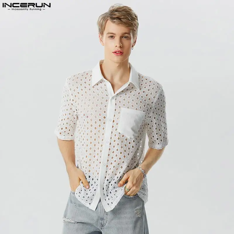 

Повседневные Модные Стильные топы INCERUN, новые мужские персонализированные дизайнерские рубашки с вырезами, блестящие блузки с коротким рукавом, горячая распродажа