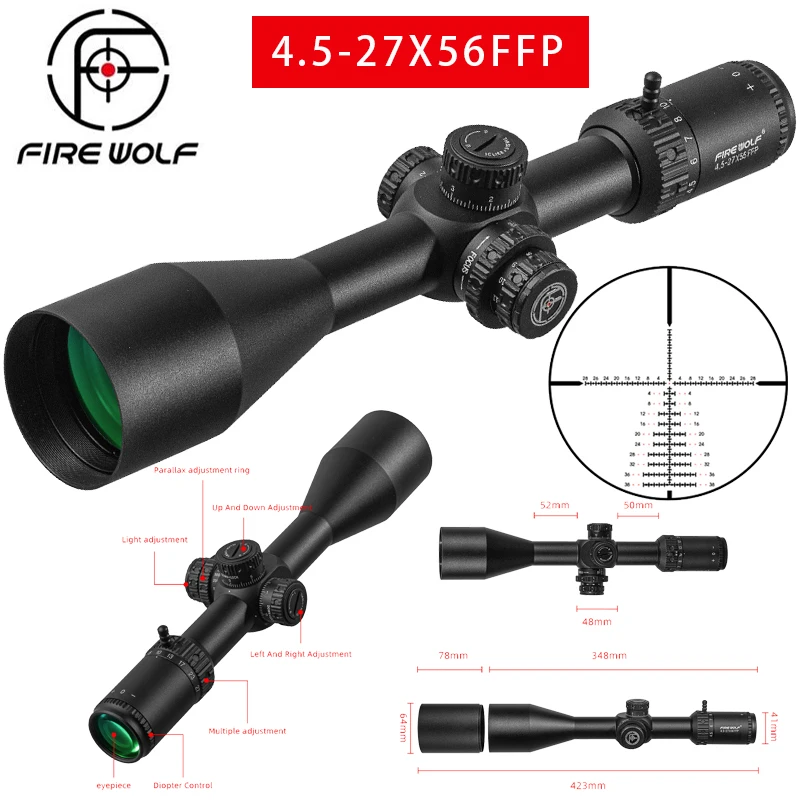 FIRE WOLF 4.5-27X56 FFP First Focal Plane Scope Tactical Riflescope With Illumination For Long Range Shooting Hunting Fit .338
FIRE WOLF 4.5-27X56 FFP First Focal Plane Scope Tactical Riflescope With Illumination For Long Range Shooting Hunting Fit .338
