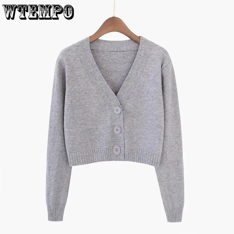 

WTEMPO Solid Color Long Sleeve Casual Loose Knitted Cardigans Women Fashion New Buttons Short V-Neck Sweaters Coats Outwear