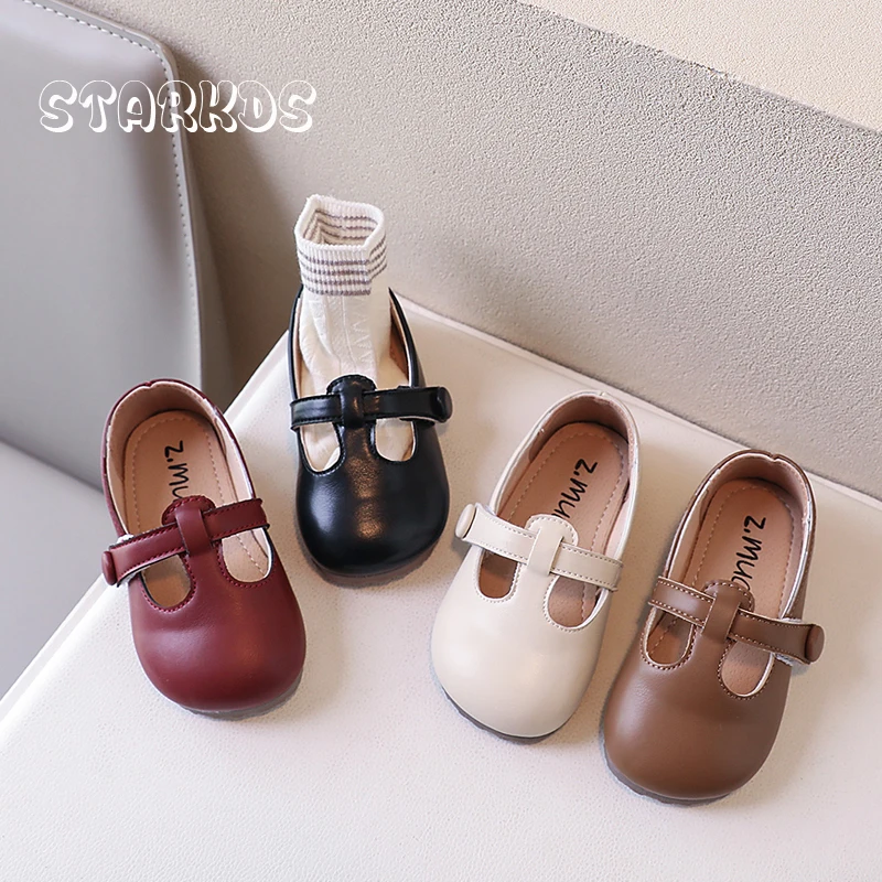 

T-Strap Mary Jane Shoes For Kids 2024 Spring New Leather Loafers Baby Girls Retro Concise Round Toe Ballet Flats In Burgundy
