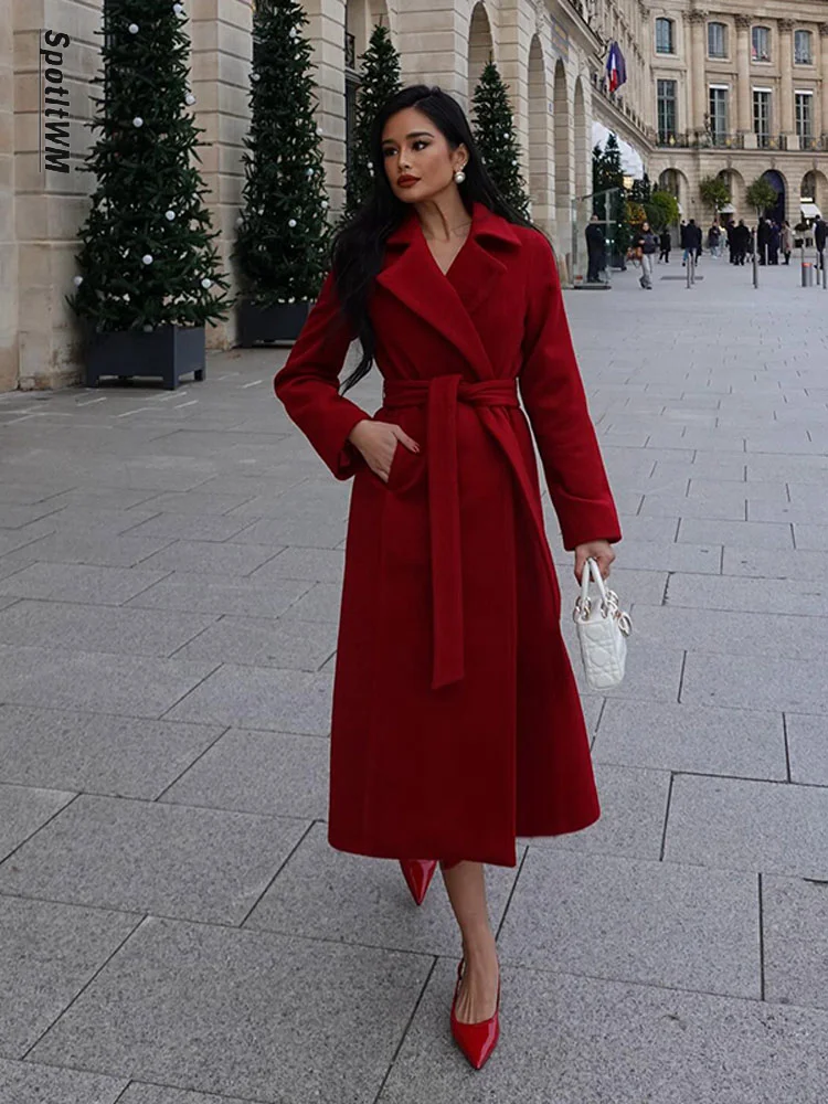 

Модные красные длинные пальто из смешанной шерсти на шнуровке, женские элегантные куртки с лацканами и длинным рукавом, зима 2023, толстое теплое женское уличное пальто