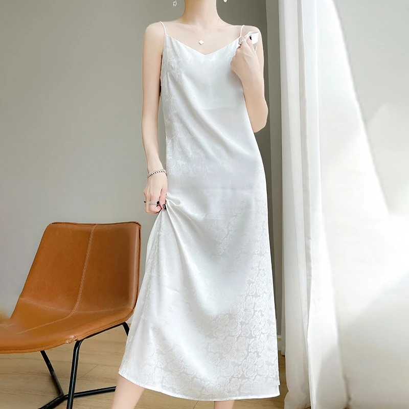 

Summer High-Grade Acetic Acid Printed Satin Halter Dress Women French Solid Color Slimming Temperament Silk A-Line Skirt