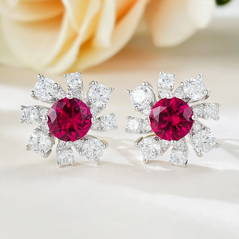 

2023 New Pigeon Blood Red One Carat Round Diamond Sunflower Petals, Small and High end, Light Luxury, Fashion Earrings