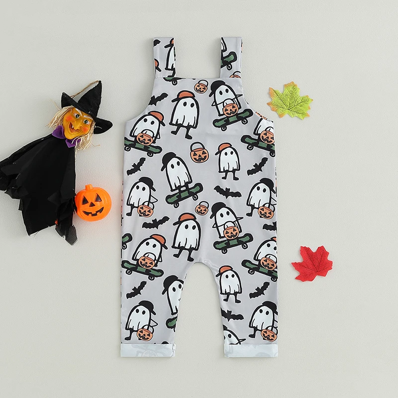 

Toddler Baby Girls Boys Halloween Outfits Overalls Jumpsuit Pumpkin Ghost Print Sleeveless Romper Fall Clothes