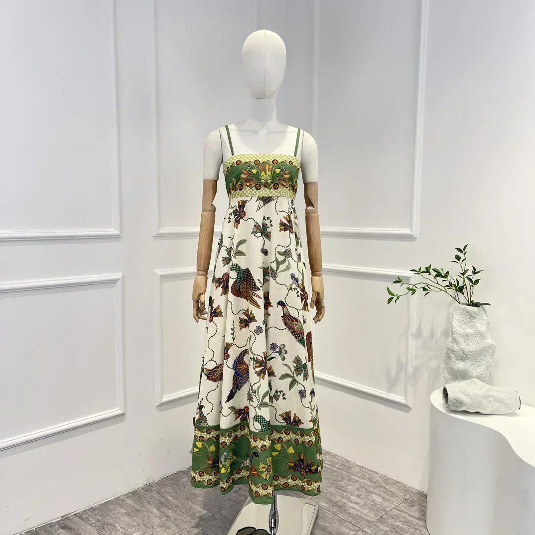 

Женское винтажное платье-миди без рукавов, льняное платье в пляжном стиле с принтом зеленых листьев, лето 2023