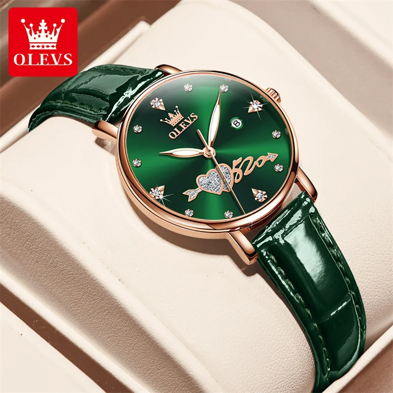 

OLEVS Brand Luxury Diamond Quartz Watch Women Fashion Green Leather Strap Waterproof Calendar Watches Womens Relogio Feminino