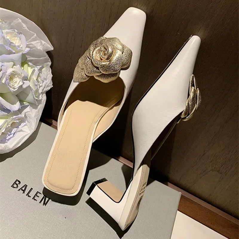 

Gold Flower Design Mules Slippers Women Summer Chunky Mid-heels Sandals Sexy Square Toe Pumps Women Luxury Sandals Women 2024