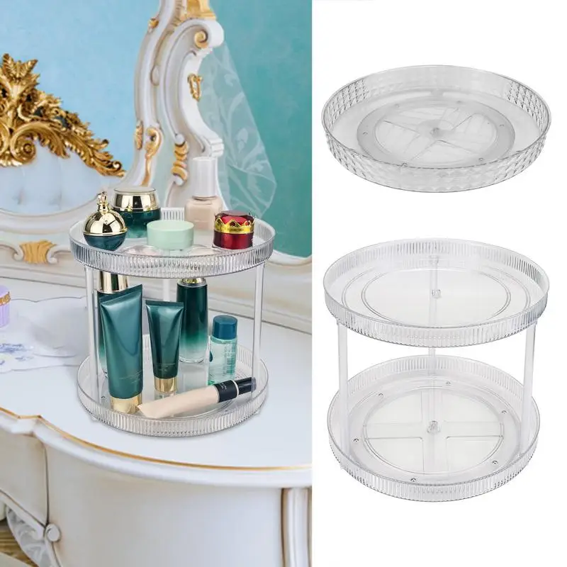 

Makeup Turntable Storage Center Tray Transparent Makeup Organizer 2 Tier Seasoning Rack for Kitchen Bathroom Vanity Counter Tops